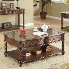 Traditional Formal Marble Top Cocktail Table with 2 Drawer Lower Shelf Mahogany Finish Spiral Turned Legs Wooden 1pc Living Room Furniture