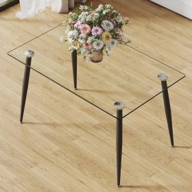 Modern rectangular glass dining table, suitable for 4-6 people, equipped with tempered glass tabletop and black metal legs, writing desk, suitable for