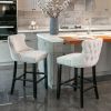 A&A Furniture,Contemporary Velvet Upholstered Wing-Back Barstools with Button Tufted Decoration and Wooden Legs, and Chrome Nailhead Trim, Leisure Sty