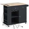 Kitchen Island with Power Outlet,Kitchen Storage Island with Drop Leaf and Rubber Wood,Open Storage and Wine Rack,5 Wheels,with Adjustable Storage for