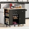 Kitchen Island with Power Outlet,Kitchen Storage Island with Drop Leaf and Rubber Wood,Open Storage and Wine Rack,5 Wheels,with Adjustable Storage for