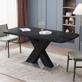 Modern Square Dining Table;  Stretchable;  Printed Black/white Marble +MDF X-Shape Table Leg with Metal Base (Color: Black)